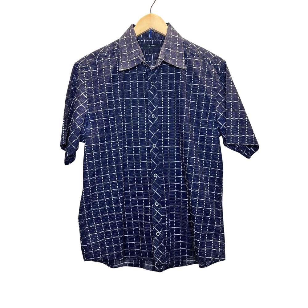 Ted Baker Button Up Shirt Mens 4 Blue Grid Short Sleeve Casual